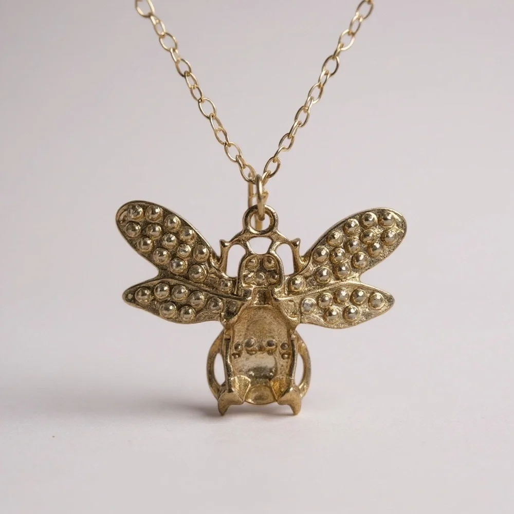 Vintage Bee Pendant  Gold and White Pendant Necklace - Picture 2 of 6